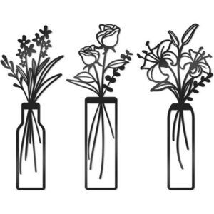 Metal Flower Wall Art Set Black Floral Vase Decor Farmhouse Bedroom Kitchen